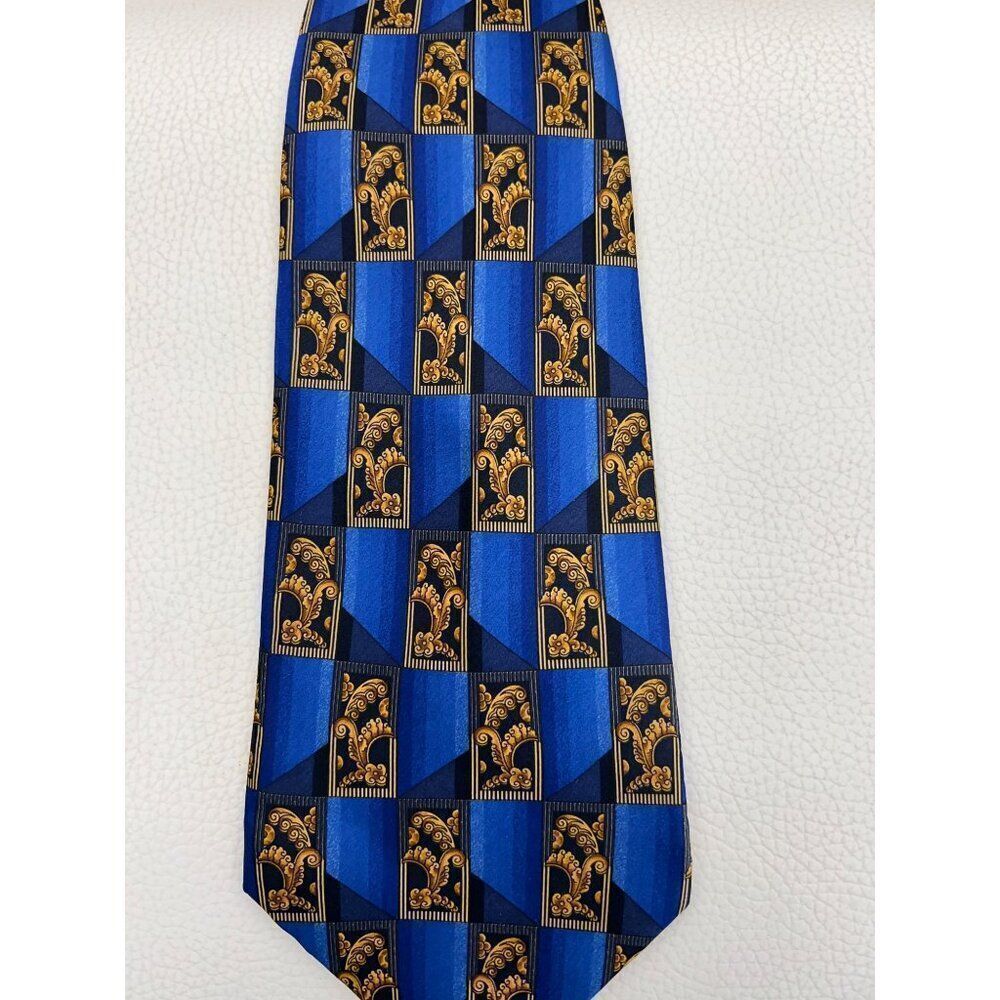 Lanvin Paris Men Blue Gold Art Deco Print Silk Neck Tie